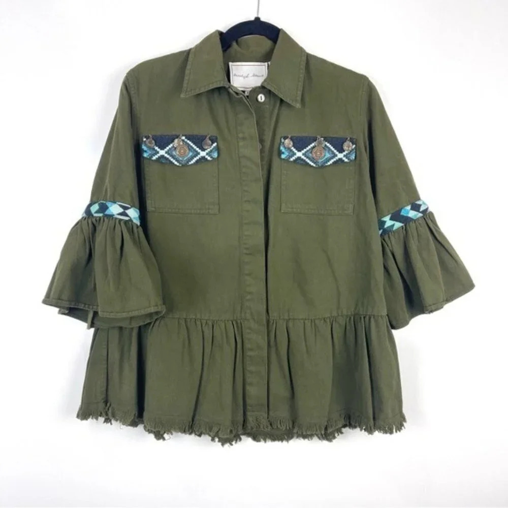 Anthropologie Beautiful Stories Green Aztec Fringe Boho Inika Jacket Size XS